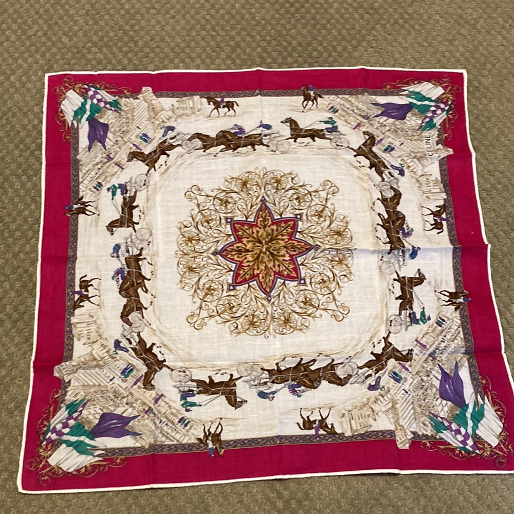 CELINE HORSE CARRIAGE PINK WHITE SCARF